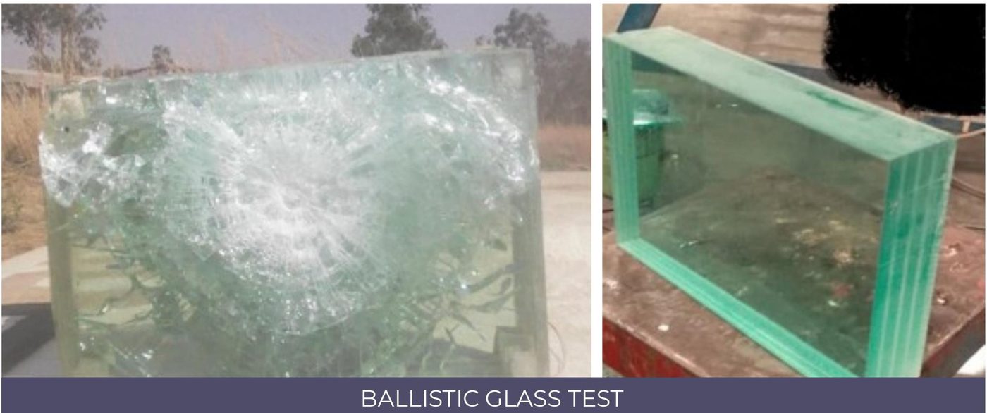 Bullet-resistant glass panel after ballistic testing, showing an intact impact point