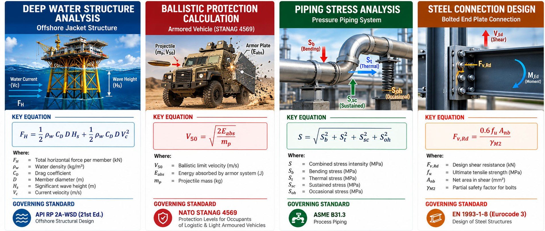 Four governing engineering equations: wave loading on offshore jacket structures, ballistic limit velocity for armored vehicles, combined stress in pressure piping, and shear resistance in bolted steel connections