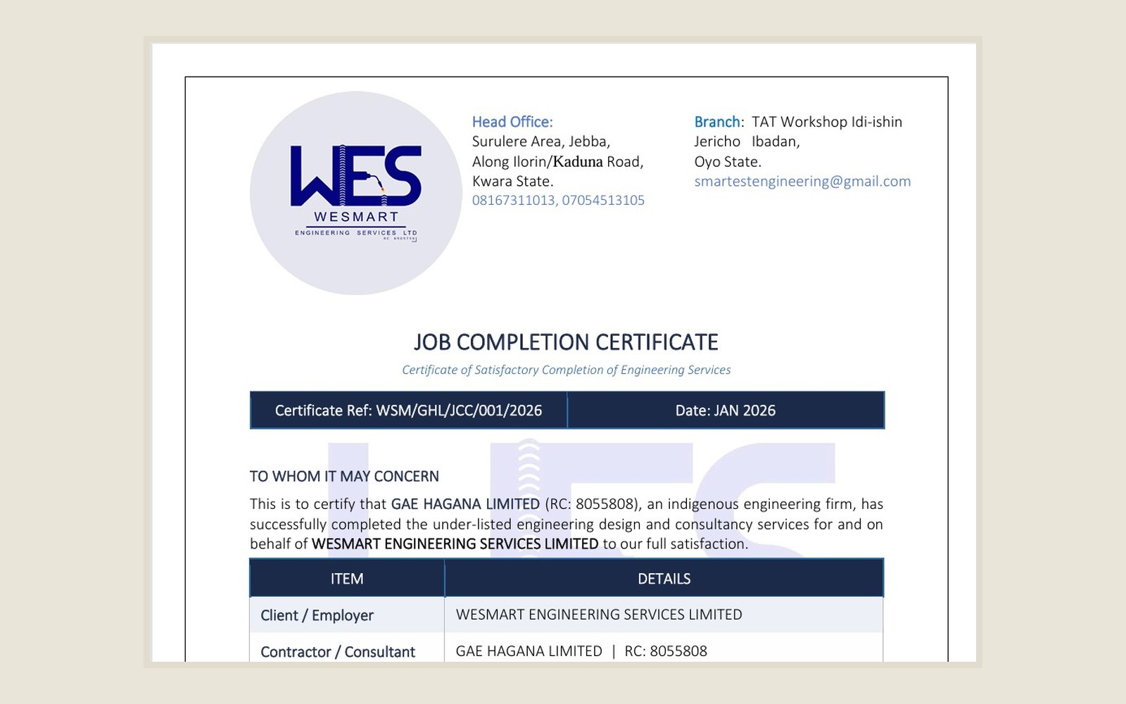 Job completion certificate issued by Wesmart Engineering Services Limited to GAE Hagana Limited